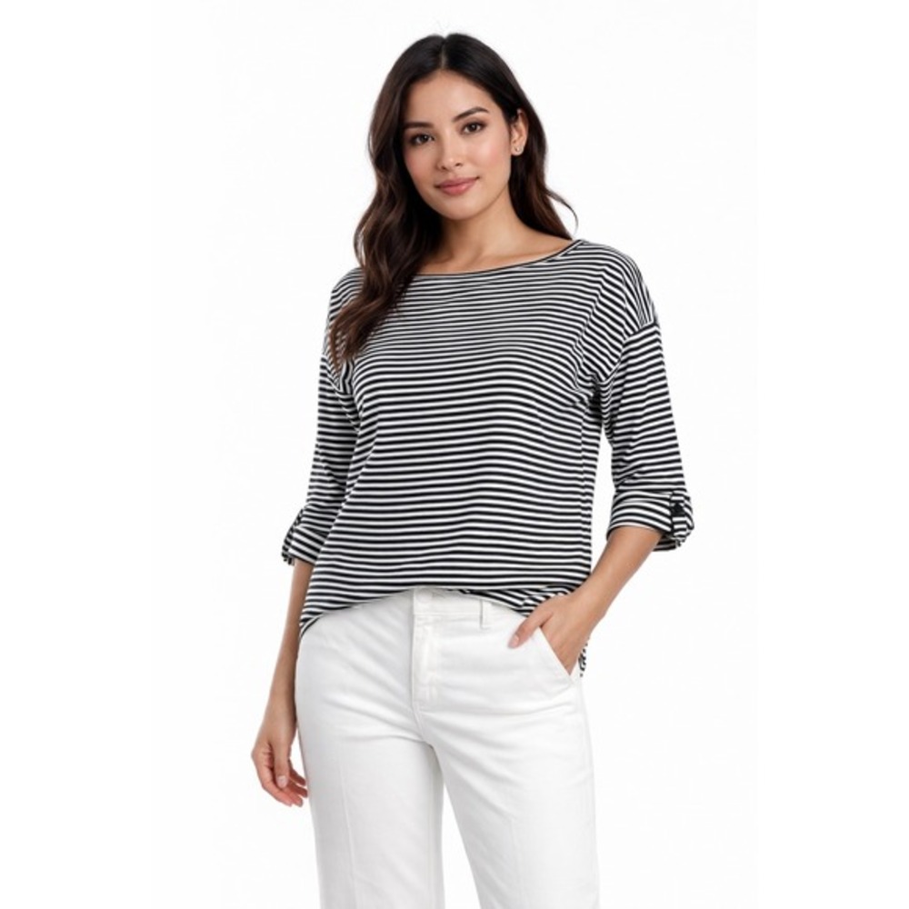 Ann Taylor LOFT Black White Striped Roll Tab Sleeve Cotton Top XS Nautical 88-15